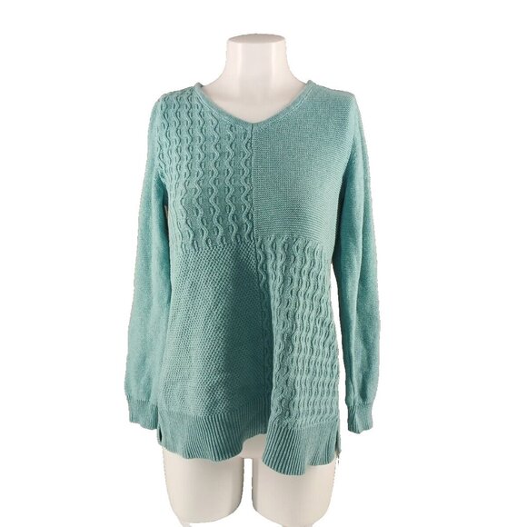 NWT KAREN SCOTT Textured Patchwork Sweater XS(0-2) Teal Aqua Cotton V-neck - Picture 1 of 13